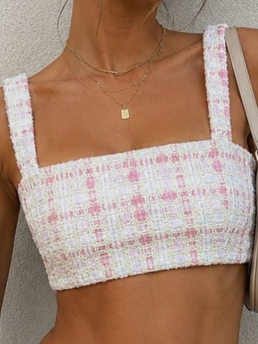 NWT Alexis ‘Assi’ Pink & Cream Tweed Square-Neck Crop Top Size XS